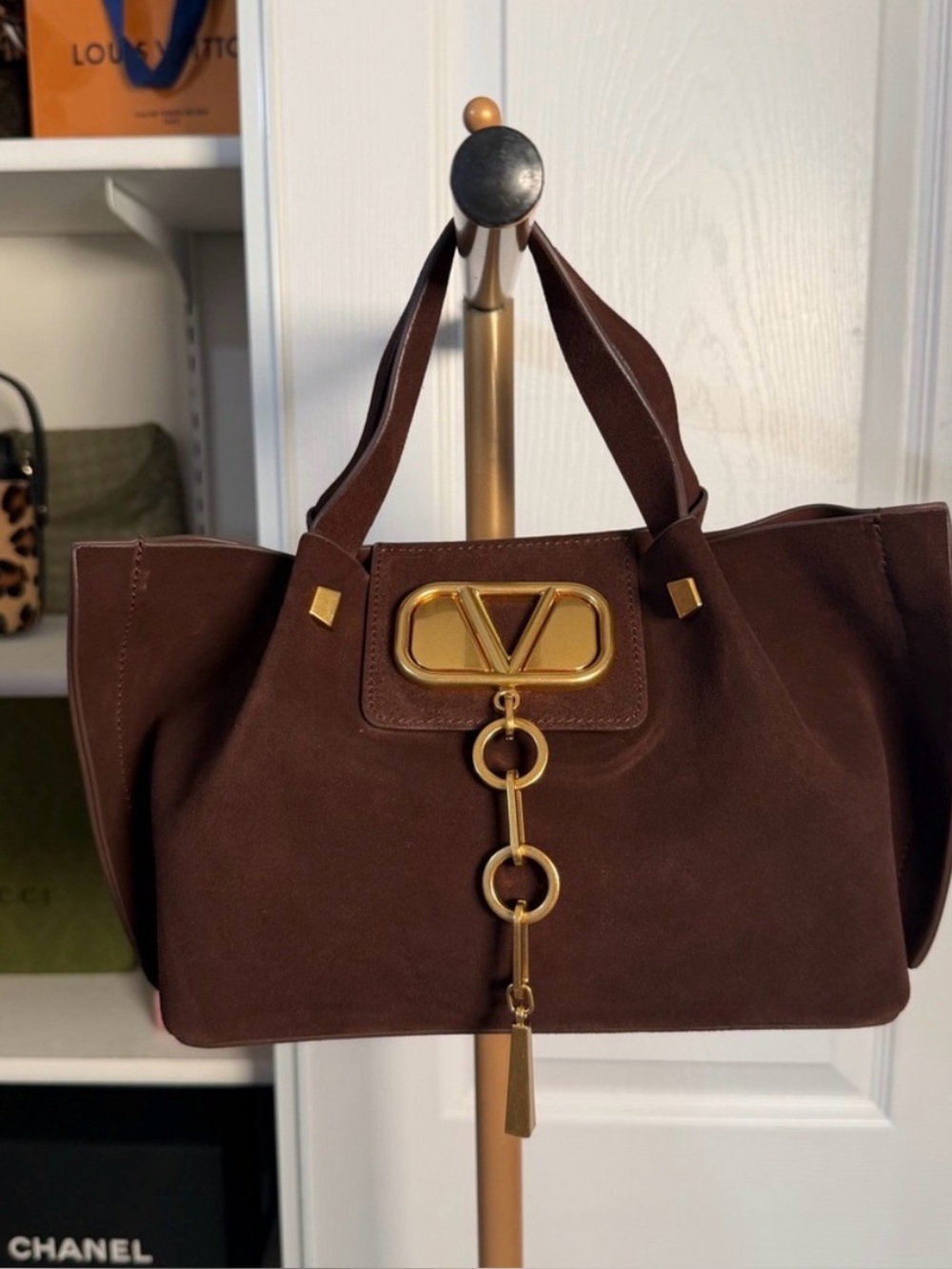 LUX inspired Chocolate Brown Suede Tote with Gold Hardware